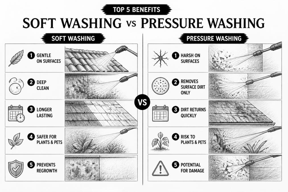 Top 5 Benefits of Soft Washing vs Pressure Washing