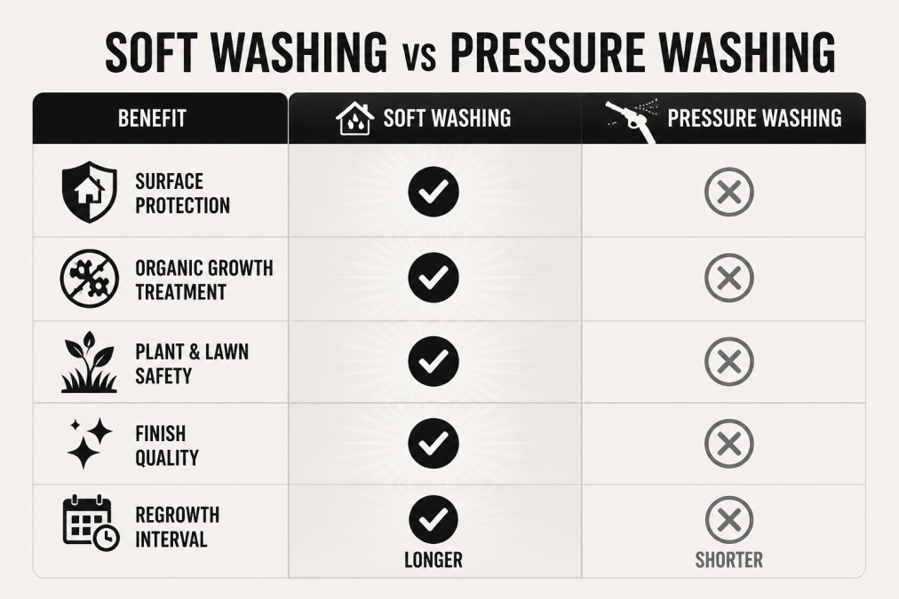 Comparison matrix of soft washing versus pressure washing across five benefit areas: surface protection, organic growth treatment, plant and lawn safety, finish quality, and regrowth interval, with ticks and crosses showing which method performs better in each column