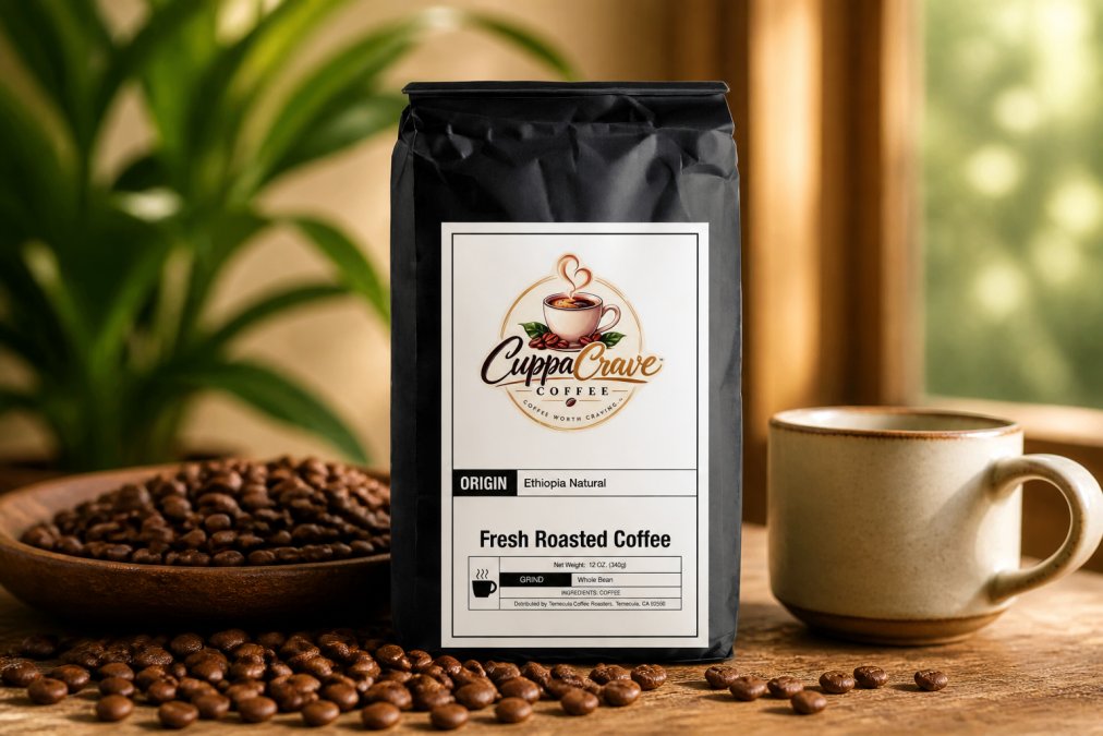 Close-up of freshly roasted whole bean Ethiopia Natural coffee in a kraft bag with a visible roast label, warm natural lighting on a wooden surface with a small ceramic cup nearby