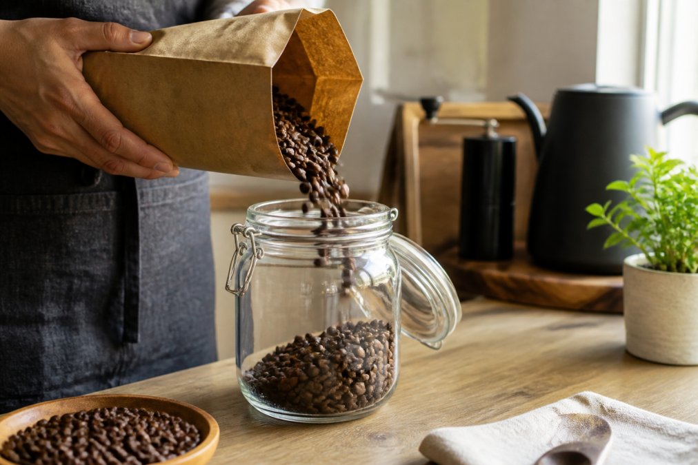 Whole coffee beans being poured from a kraft bag into an airtight glass jar on a kitchen counter, with soft morning light and a small chalkboard label visible