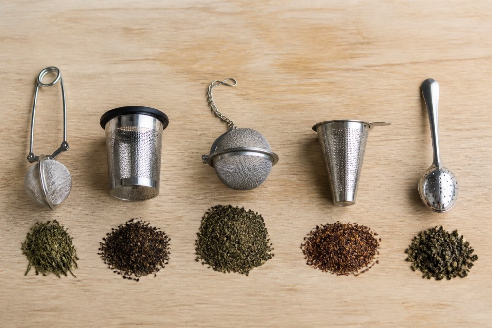 Flat-lay overhead shot of five different tea infusers arranged on a light-colored wooden surface, each surrounded by small piles of fine loose leaf tea in varying shades of green and brown, showing clear differences in mesh density, shape, and size under soft natural window light