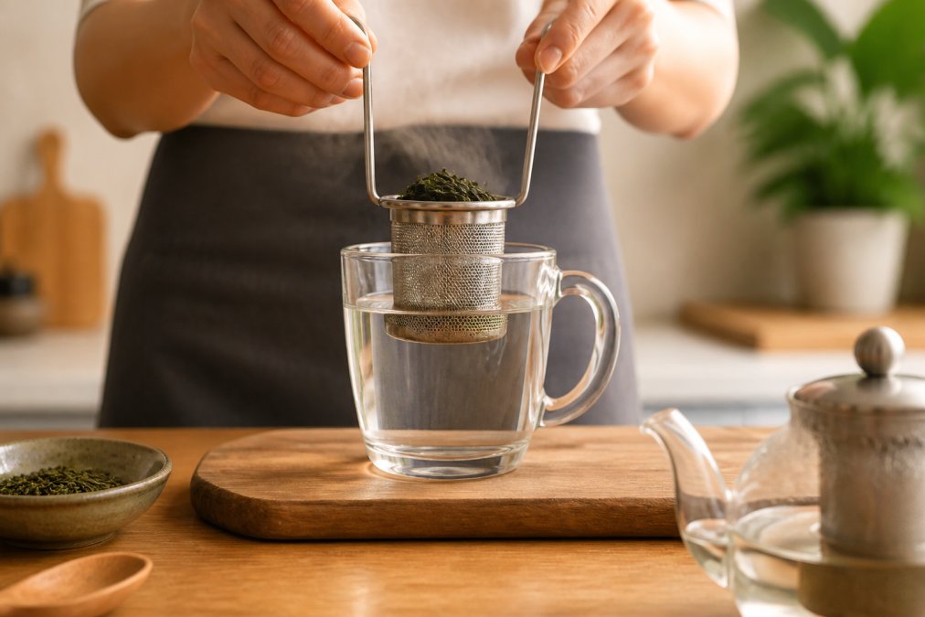 Close-up of a person's hands carefully lowering a stainless steel fine mesh brewing basket filled with dark green loose leaf tea into a clear glass mug of steaming hot water, soft steam rising against a blurred kitchen background with warm natural light