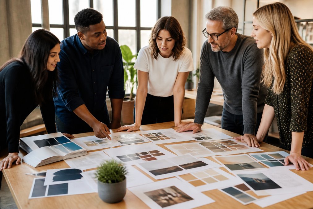 Diverse marketing team in modern office collaborating around table with brand samples, mood boards, and design mockups spread out, reviewing creative work together with natural window lighting