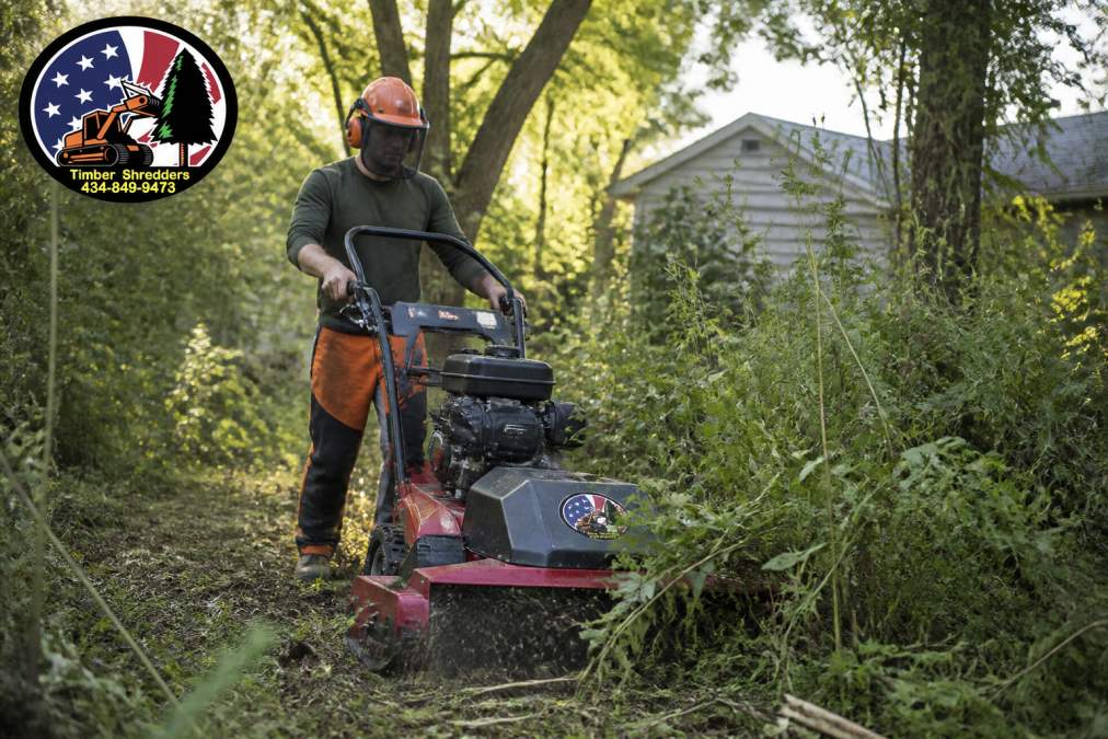 Professional operator guiding walk-behind brush mower through dense overgrown vegetation on residential property, wearing full safety gear including helmet and face shield, afternoon sunlight filtering through trees