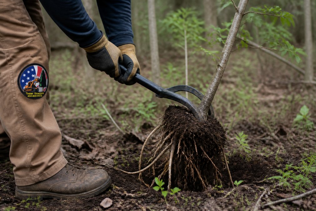 Close-up of hands using manual uprooter tool to extract sapling with visible root system from moist soil, showing proper use technique and root preservation