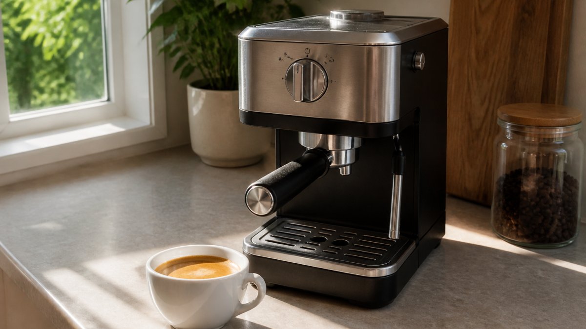 De'Longhi Stilosa budget espresso machine brewing a fresh coffee shot on a sunny kitchen counter