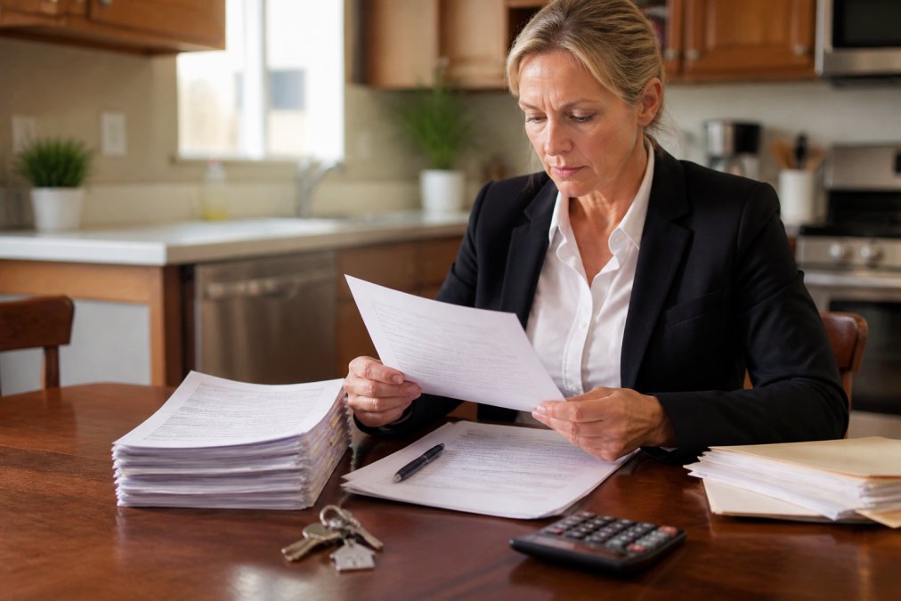 A person in professional attire reviewing a stack of legal documents and a property deed at a kitchen table, with a house key and calculator nearby, conveying the weight of executor responsibilities