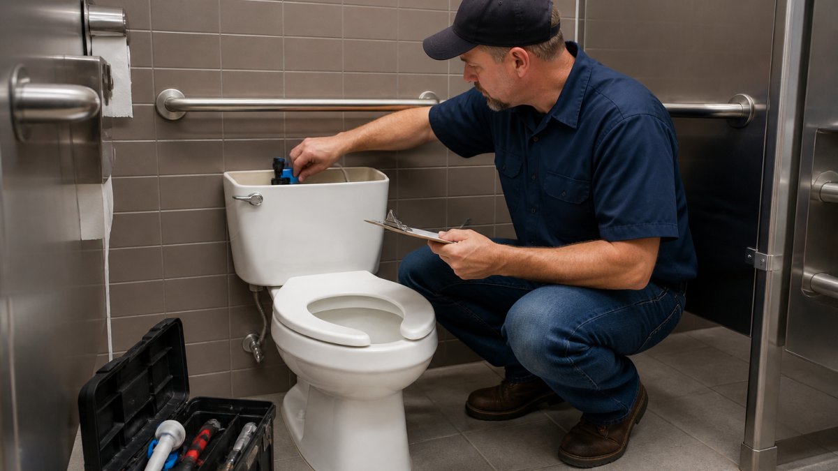 A maintenance technician in a commercial restroom holding a clipboard and inspecting a toilet fill valve, with a toolbox on the floor beside him