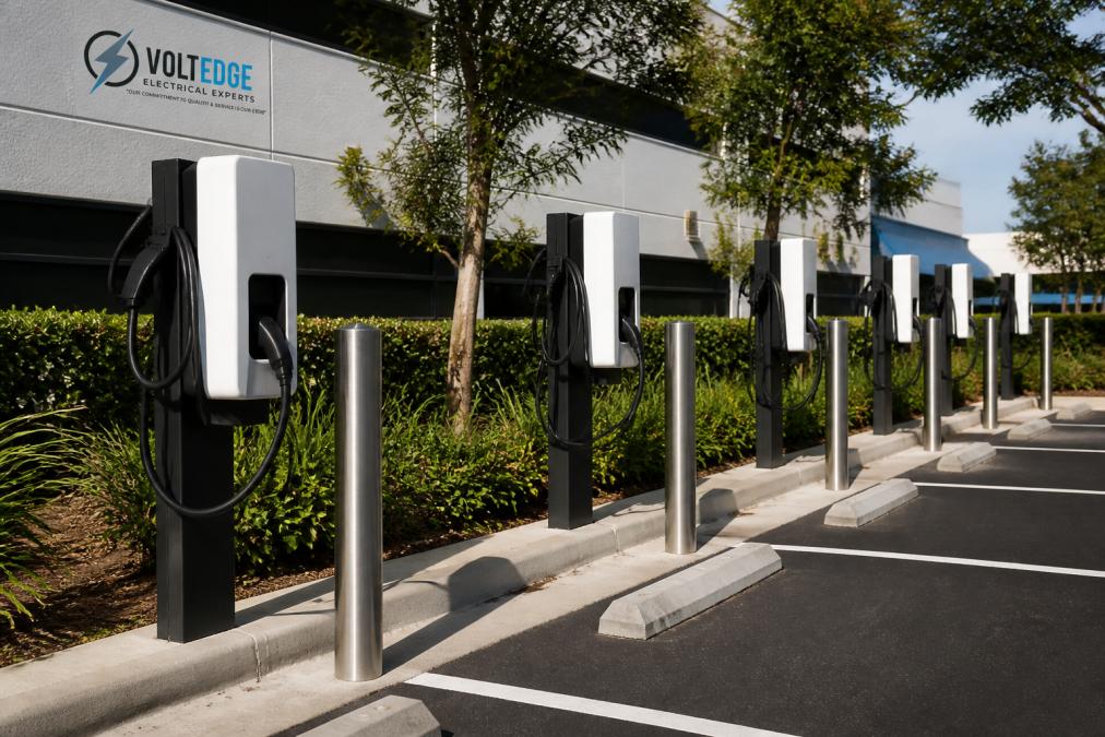 Commercial parking lot with multiple electric vehicle charging stations mounted on posts and pedestals, showing white EVSE units with cable management systems, professional signage, and organized parking spaces in daylight
