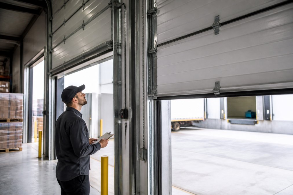 Facility manager inspecting a commercial garage door opener at a warehouse loading dock