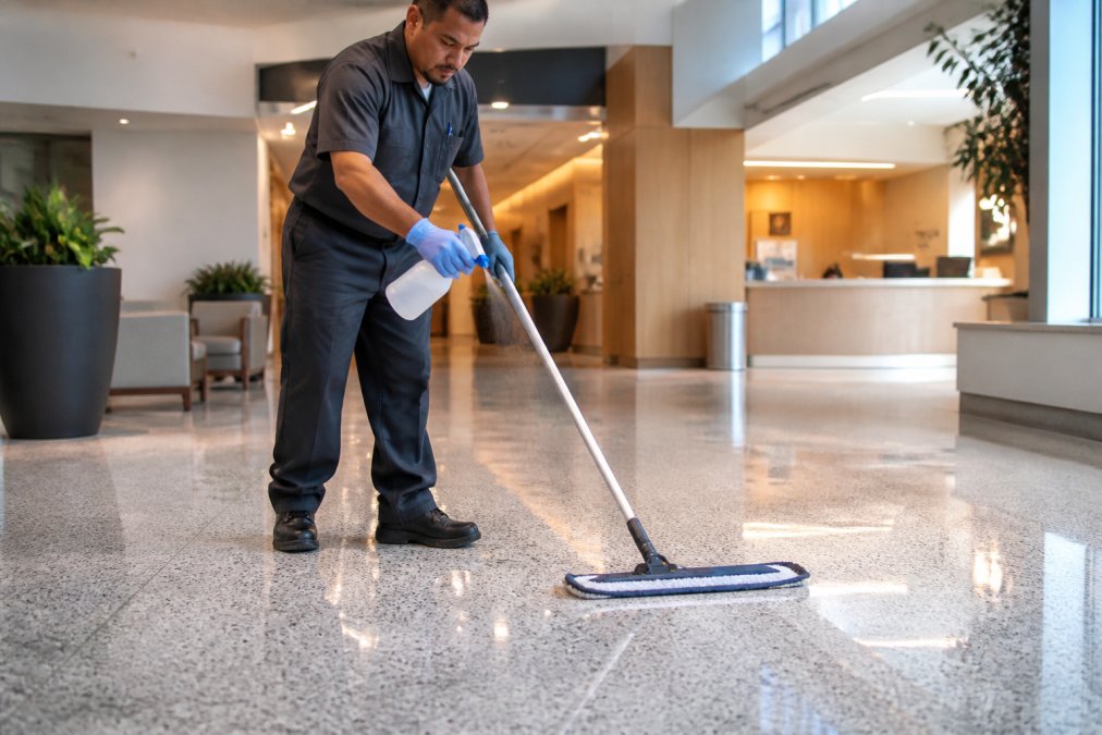 Step-by-step guide for using commercial terrazzo floor cleaners in a lobby, showing proper spray application.