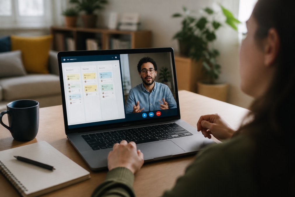 Split-screen workspace showing a laptop with a Kanban project board on one side and a video call participant on the other, notebook and coffee nearby, bright home office lighting