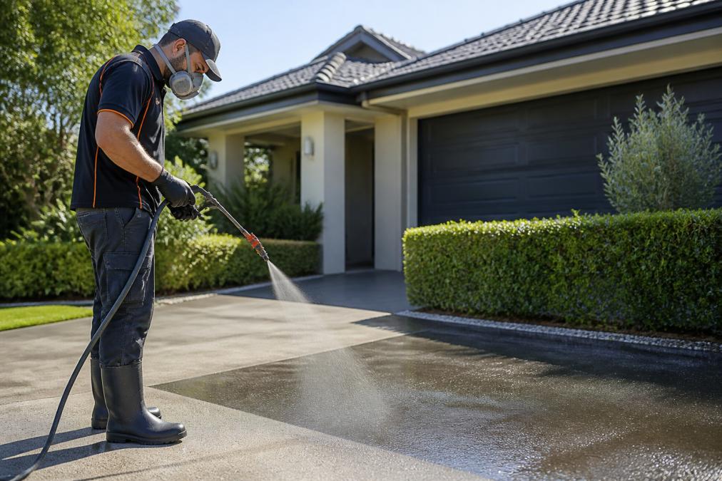 A professional concrete sealing technician in safety gear applying a protective coating to a residential driveway with a spray gun, with a suburban home and garden in the background