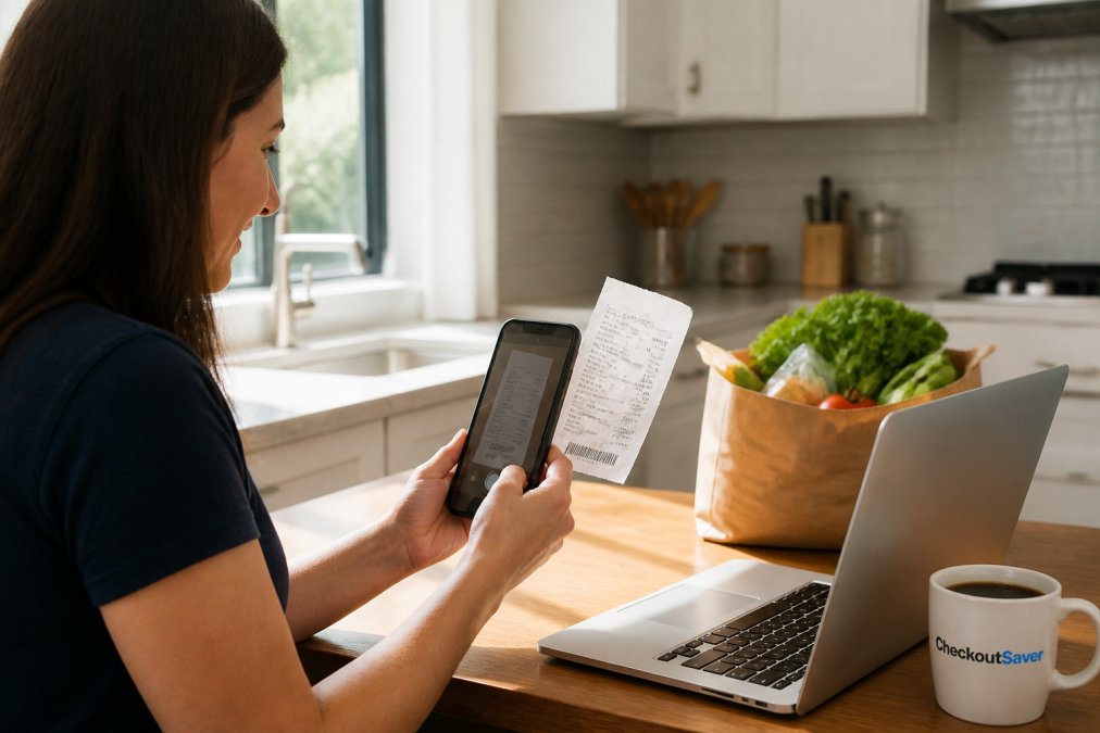 A person in a bright kitchen using a smartphone to scan a receipt with a laptop open showing a shopping website, natural daylight streaming through a window