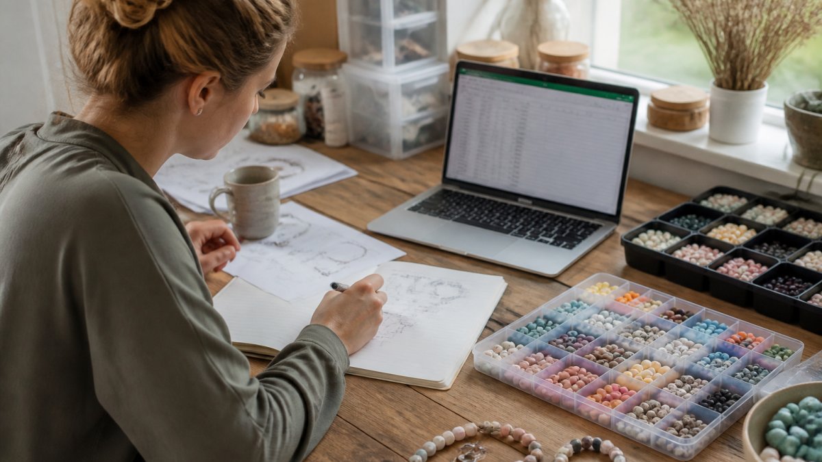 Crafter sitting at a wooden desk with a notebook open, pen in hand, surrounded by silicone beads, sketches, and a laptop showing a spreadsheet, natural window light illuminating the workspace