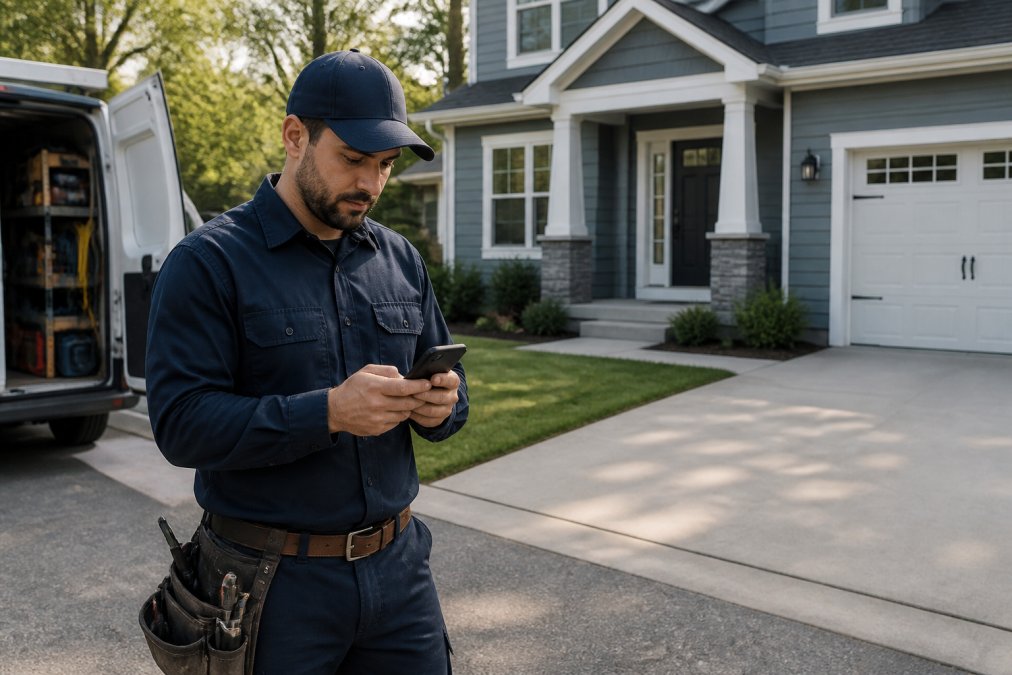 Field service technician in work uniform using a smartphone to check job details and customer information on a job site, with a residential home and service truck visible in the background