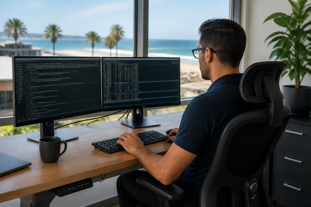 A professional security analyst reviewing network activity on dual monitors in a modern Santa Monica office with the beach visible through the window