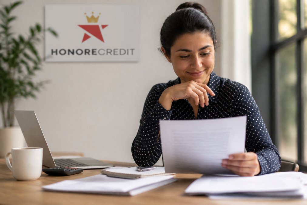 Person sitting at desk with laptop and financial documents, reviewing a debt repayment plan with a sense of determination and relief, natural office lighting