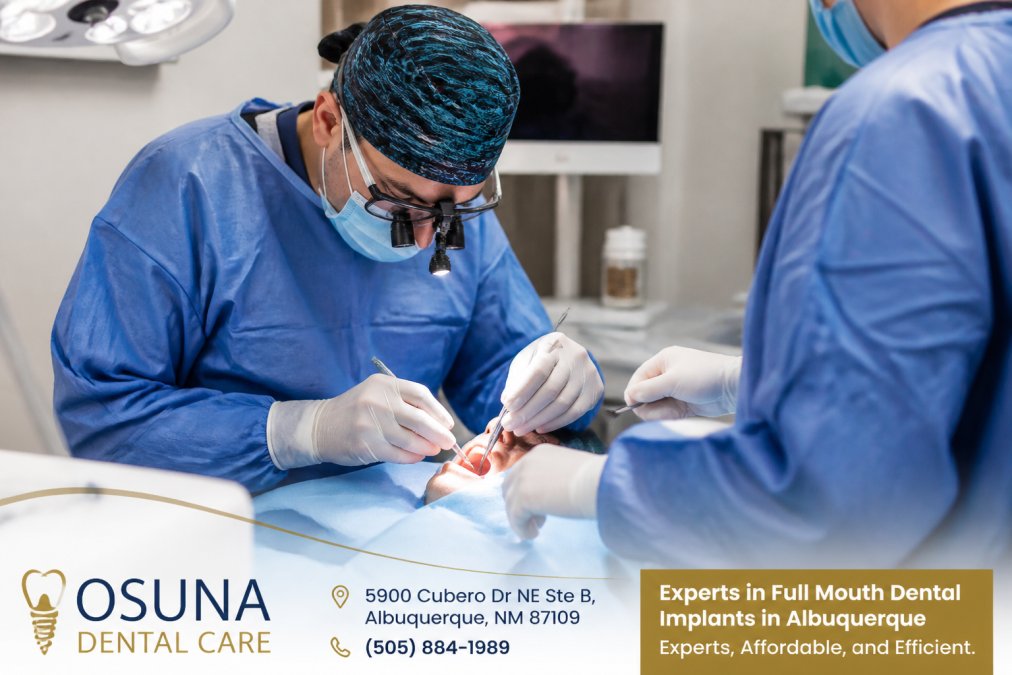 Dental surgeon performing implant body placement during the dental implant procedure steps in a sterile suite