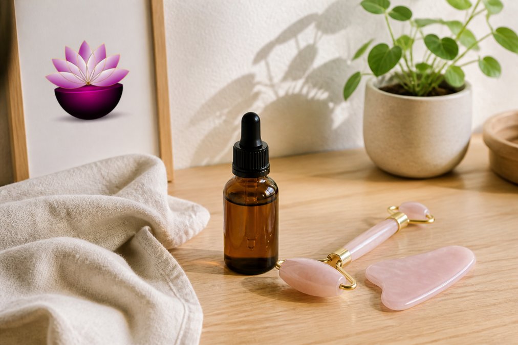 Nature morte élégante sur une table en bois clair : flacon de sérum en verre ambré, face roller en quartz rose, gua sha, petite plante verte et serviette en lin, lumière naturelle douce du matin