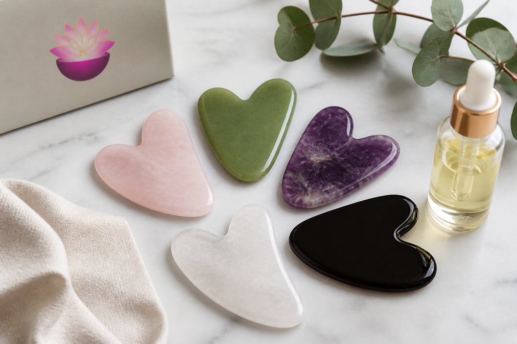 Cinq pierres de gua sha disposées en éventail sur marbre, illustrant le top 5 des meilleures pierres pour gua sha.