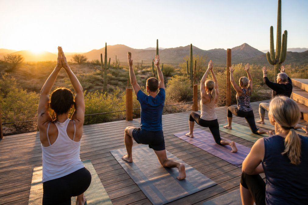 A serene outdoor yoga studio in the Sonoran Desert at sunrise, with a small group of beginners practicing on mats, surrounded by saguaro cacti and mountain views