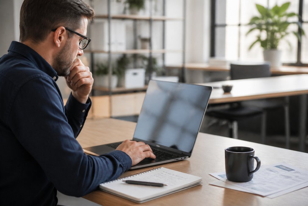 Professional comparing top document management systems on a laptop with printed notes in a modern office.