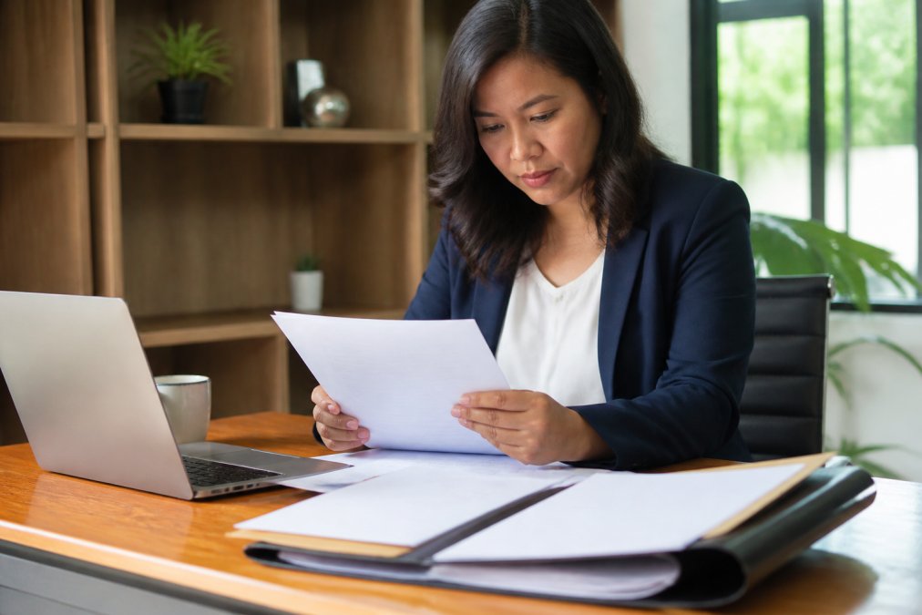 Entrepreneur reviewing printed business formation documents at a desk with a laptop and filing folder nearby, organizing papers for submission