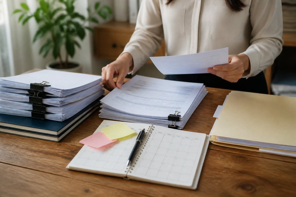 Business owner organizing documents and checklist items on a desk, preparing for compliance tasks with calendar and filing folder visible