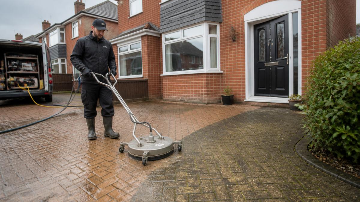 A driveway cleaning specialist in protective gear using a low-pressure rotary surface cleaner on a block paving driveway in front of a British semi-detached house, with clean and uncleaned sections visible side by side