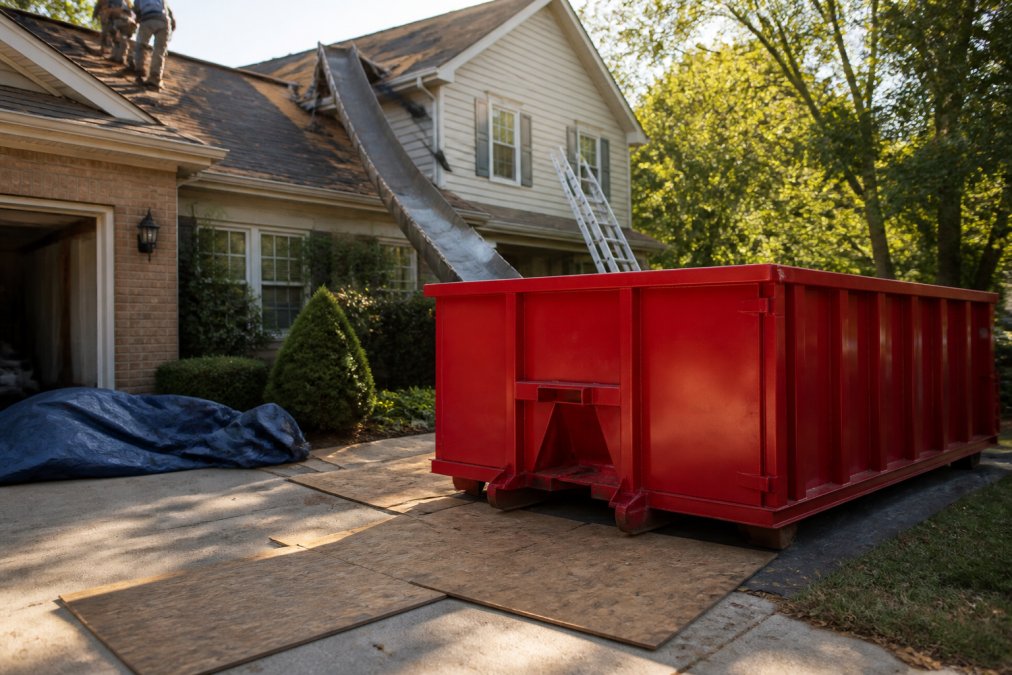 Roll-off dumpster placed on plywood for a roof replacement project, illustrating top 5 dumpster rental tips.