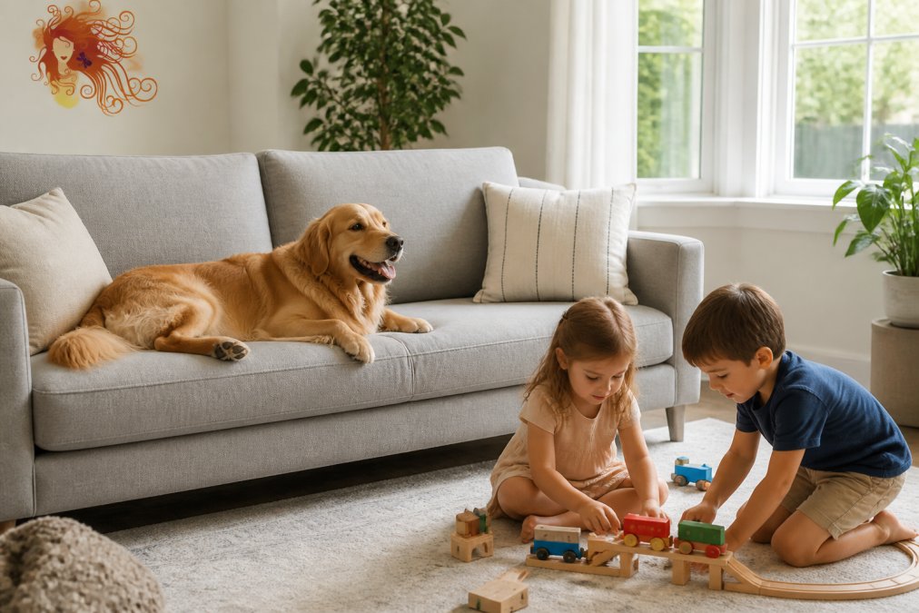 A bright living room with a light gray performance fabric sofa, a golden retriever resting on it, and two young children playing with toys on the floor nearby