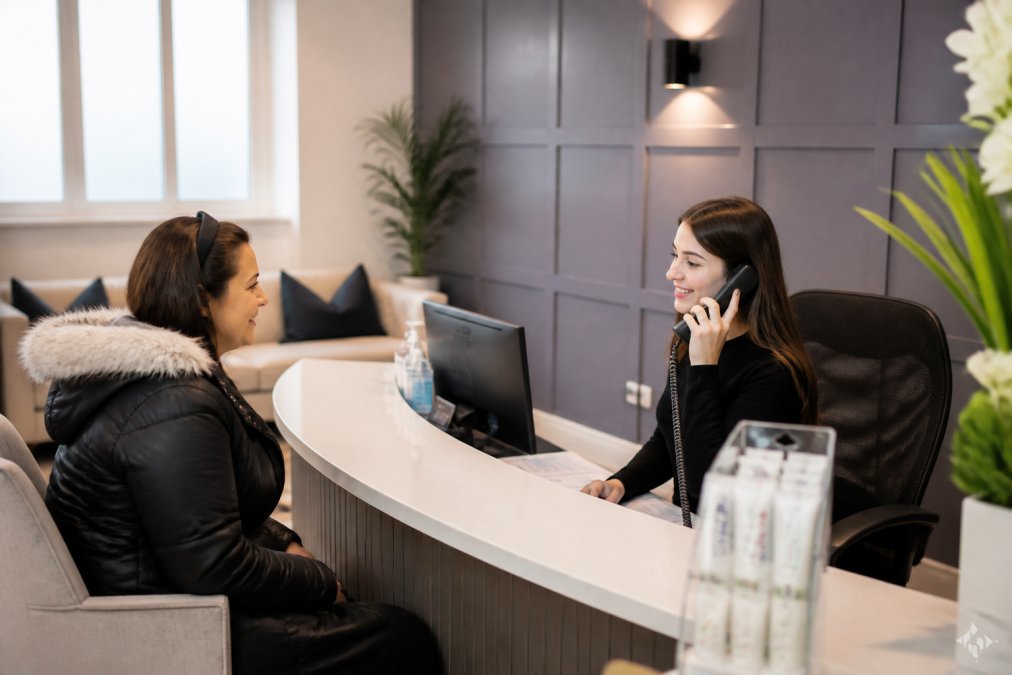 A calm, modern dental clinic reception area with a friendly receptionist speaking on the phone, soft lighting, and comfortable seating, suggesting an urgent but reassuring environment