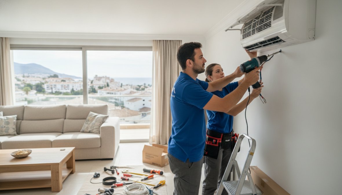 Técnico profesional de MountainKlima instalando unidad interior de aire acondicionado split en pared blanca de vivienda, con herramientas de precisión y equipo visible en bandeja metálica