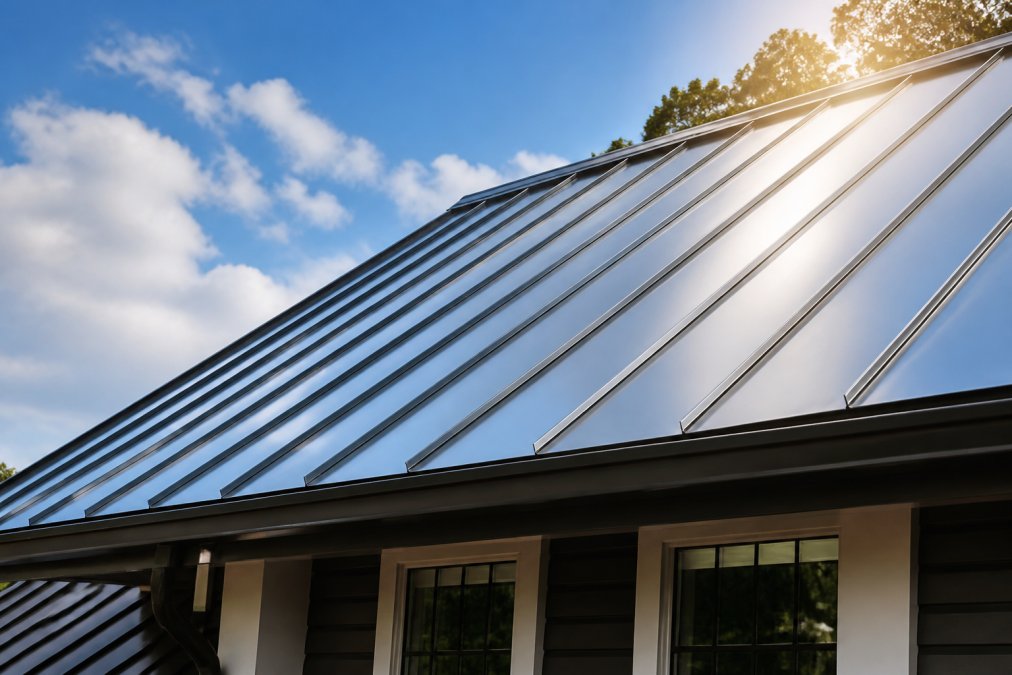 Close-up of a standing seam metal roof with a reflective finish on a residential home, clean panel lines reflecting bright blue sky, late afternoon sunlight