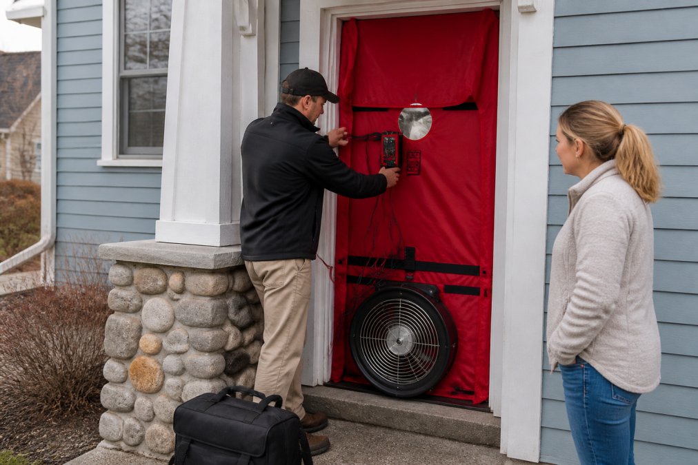 Professional contractor using blower door testing equipment on exterior of older home, with visible measurement gauges and homeowner observing the air leakage assessment in natural daylight