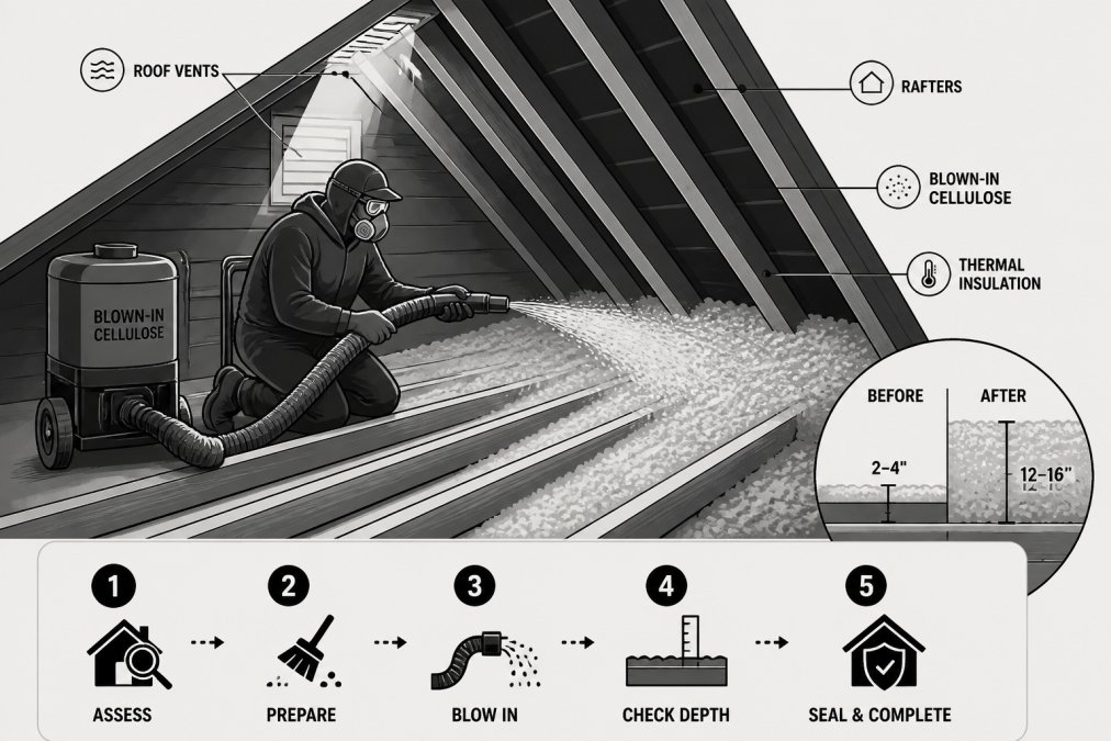 Interior view of older home attic space with blown-in cellulose insulation installation in progress, showing worker in protective gear applying insulation between rafters with visible equipment and natural light from roof vents