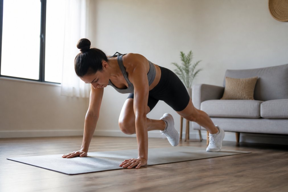 Person performing mountain climbers on a yoga mat during equipment free workouts in a bright living room