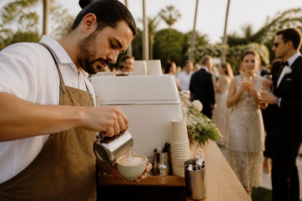Professional barista crafting a specialty latte with intricate latte art at a mobile espresso cart during an outdoor wedding reception, with elegantly dressed guests enjoying drinks in soft afternoon light
