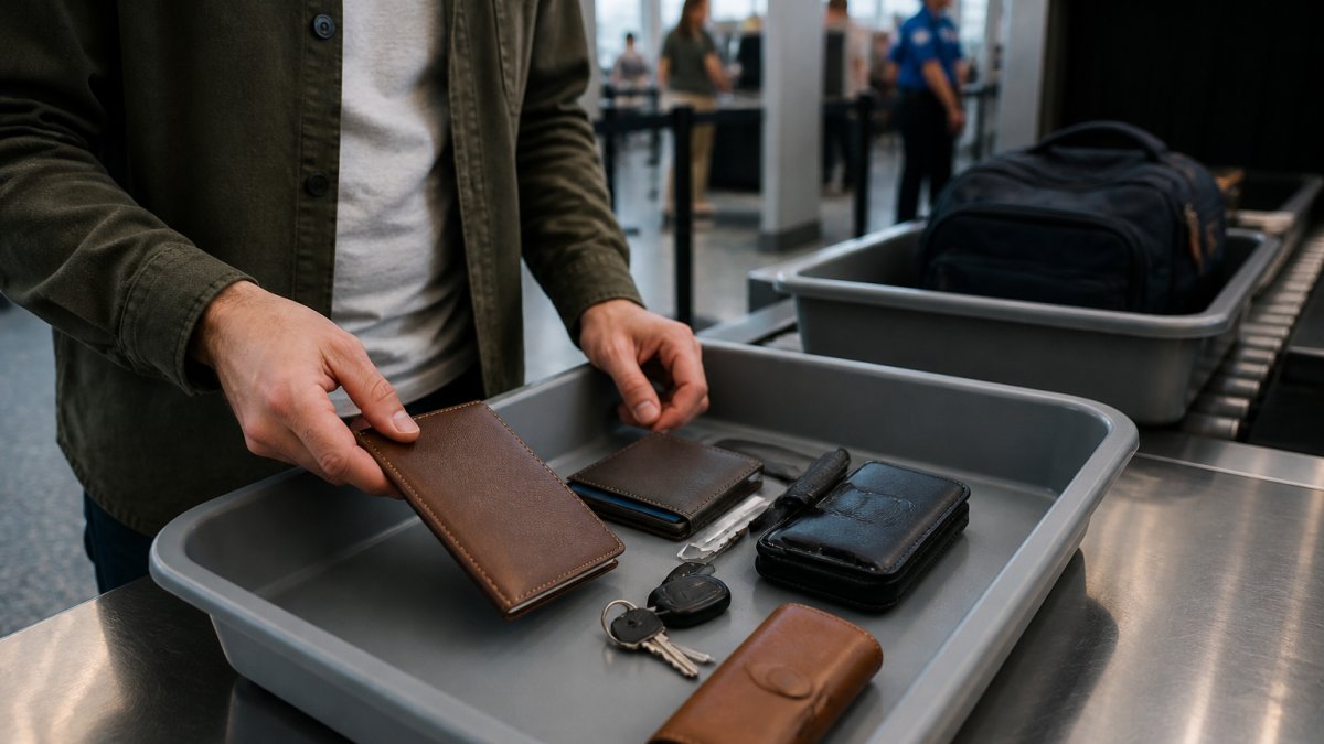 Infographic showing the organized layout of essential travel items for efficient airport security screening