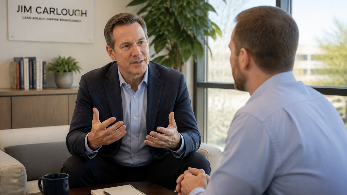 A confident executive coach speaking with a mid-level leader in a bright, modern office, both engaged in a thoughtful conversation
