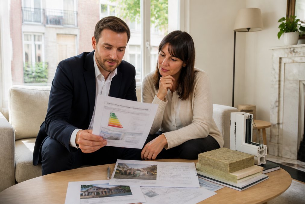 Un agent immobilier et un propriétaire examinant ensemble un certificat PEB dans un salon lumineux d'une maison bruxelloise, avec des documents de rénovation énergétique sur la table