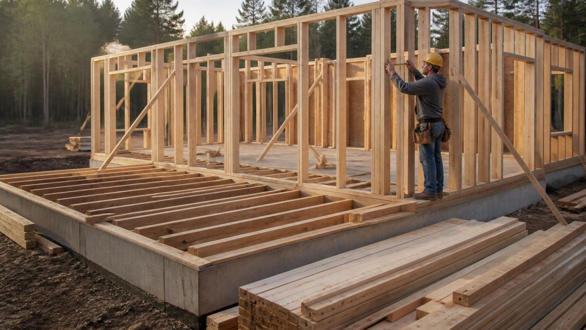 Worker measuring the frame of a house during custom home build costs planning