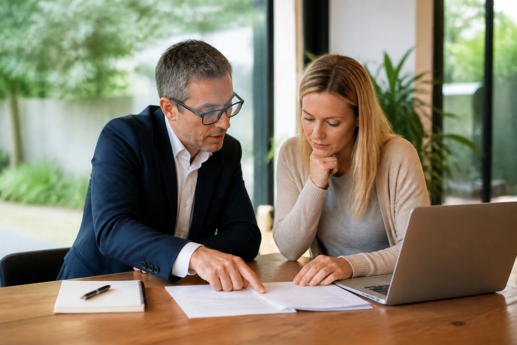 Buyer and real estate agent reviewing market data and house prices 2026 on a laptop in a modern office.