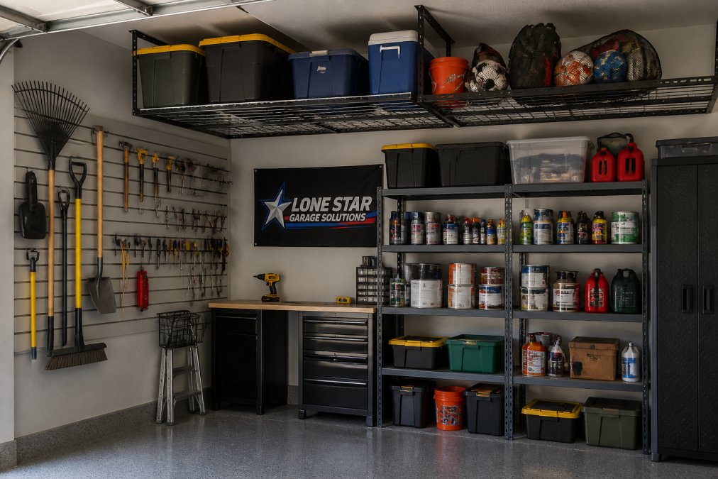 Professional garage interior showing multiple vertical storage methods in use together, wall-mounted slatwall with hand tools organized by type, overhead ceiling racks holding seasonal bins and sports equipment, and tall metal shelving units storing paint cans and automotive supplies, demonstrating maximized vertical space in a well-lit modern garage