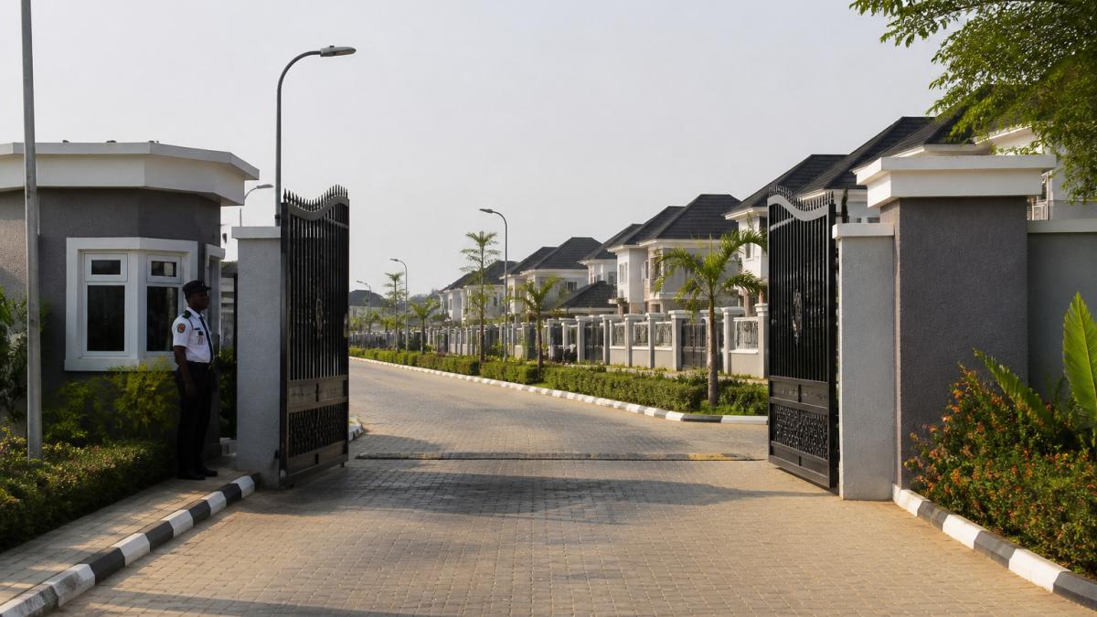 Landscaped entrance and security gate of one of the top 5 gated estates for sale in Lagos with contemporary homes.