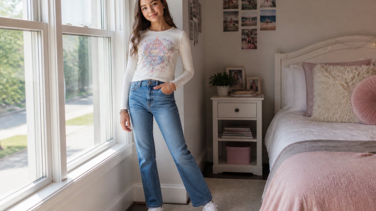 Tween girl wearing straight-leg denim jeans and a long-sleeve graphic tee in natural sunlight
