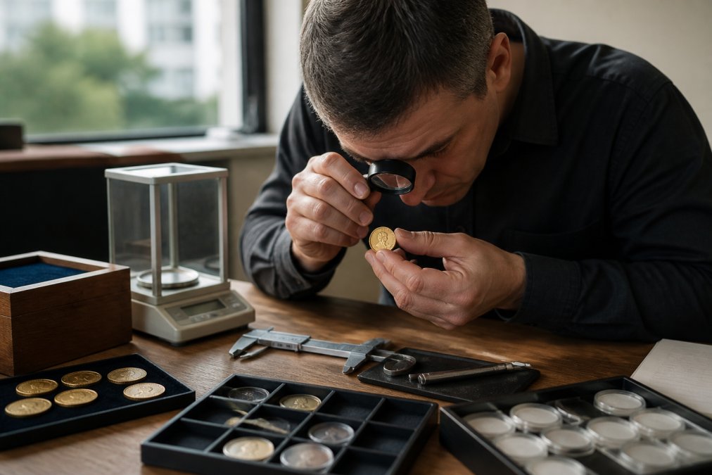 Professional numismatist examining historical gold sovereign under magnifying glass with precision callipers and weight scale on wooden workbench with natural window lighting