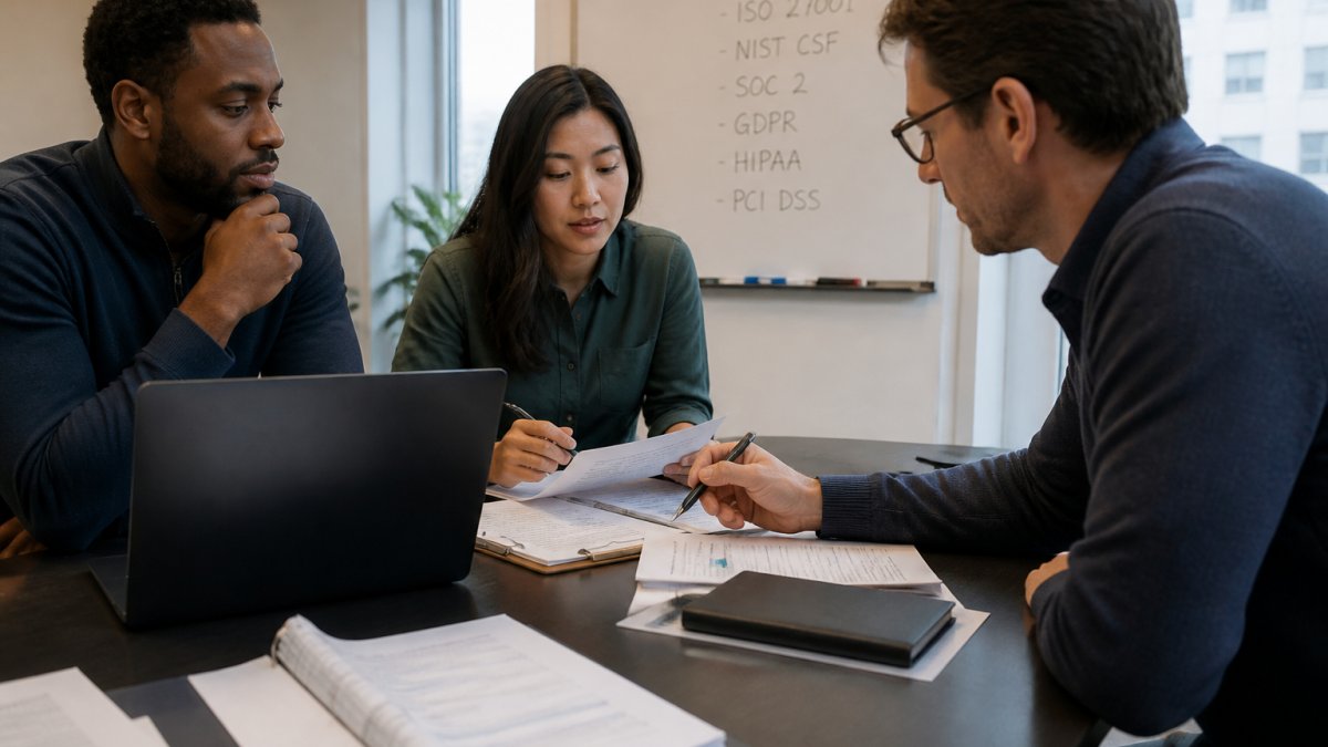 A security and compliance team of three reviewing documents and a laptop around a conference table in a modern office, with a whiteboard of framework names in the background