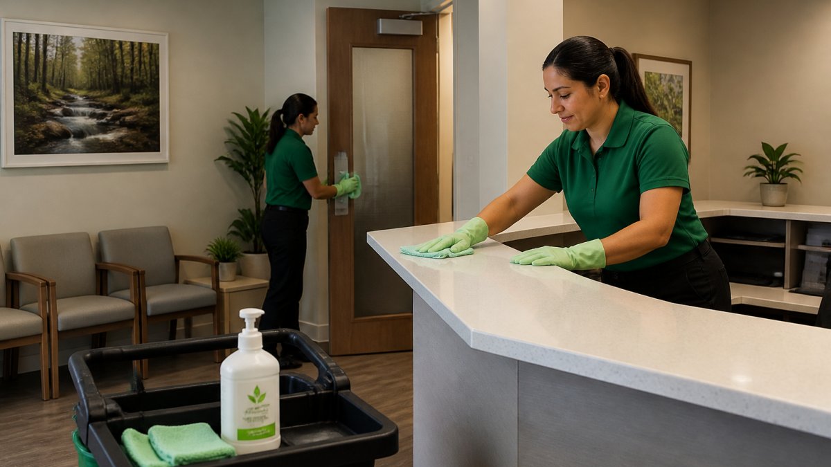 A cleaning professional in gloves and a uniform wiping down a reception counter and door handles in a bright medical clinic waiting room, with an eco-certified product bottle visible on a cart nearby